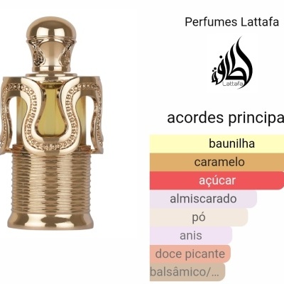 Frasco dourado de perfume Lattafa e lista de notas principais do perfume