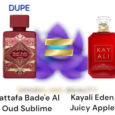 Duas garrafas de perfume vermelhas lado a lado com símbolo de igual dourado entre elas