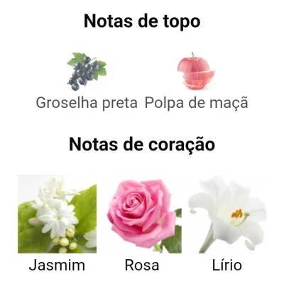 Notas de topo: Groselha preta e Polpa de maçã, Notas de coração: Jasmim, Rosa, Lírio