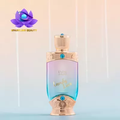 Frasco de perfume Dubai delights Candy Love com gradiente roxo e azul
