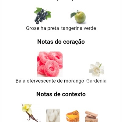 Notas principais, do coração e de contexto com fotos de ingredientes naturais e doces