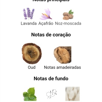 Notas de fragrâncias com imagens de lavanda, açafrão, noz-moscada, oud, madeiras, patchouli, ambroxano e almíscar