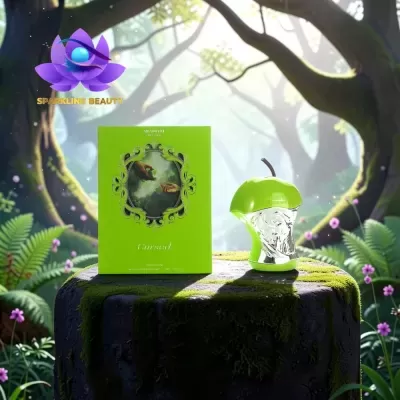 Frasco de perfume em forma de maçã mordida verde e prata com caixa verde em superfície musgosa na floresta