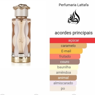 Frasco de perfume com detalhes dourados e gráfico de acordes principais da Perfumaria Lattafa