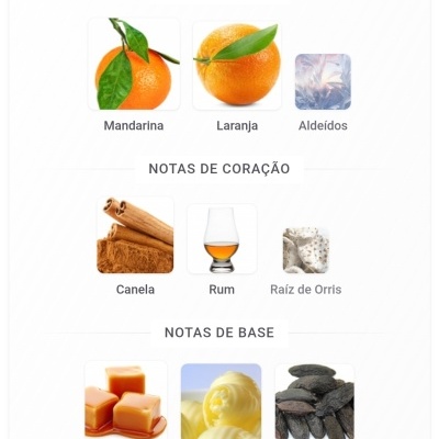 Notas olfativas divididas em topo, coração e base com imagens representativas dos ingredientes.