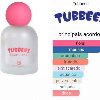 Frasco do perfume Tubbees Beary Love com tampa rosa e lista de aromas principais em português.