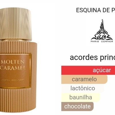 Frasco de perfume Molten Caramel caramelo texturizado com rótulo dourado e texto de acordes principais