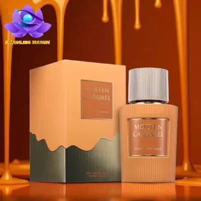 Frasco e caixa de perfume Molten Caramel com textura canelada e fundo de mel