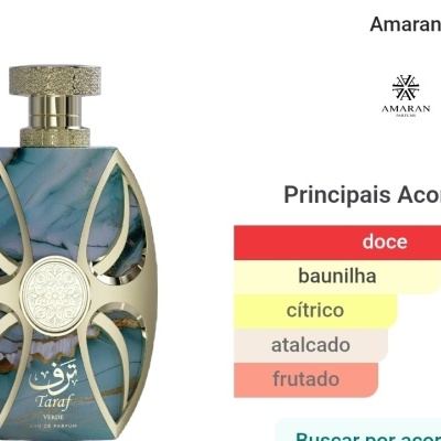 Frasco de perfume azul com detalhes dourados e tabela de acordes