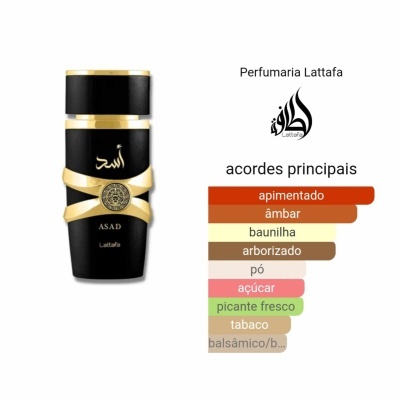 Frasco de perfume preto e dourado ASAD com gráfico de acordes principais em cores