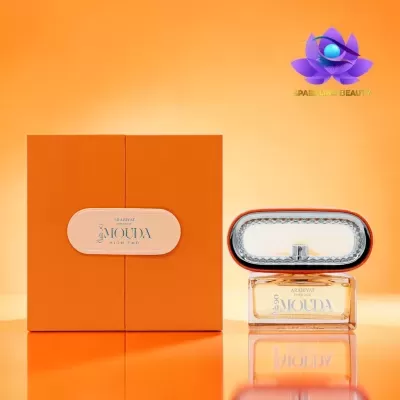 Perfume Arabiyat Prestige Mouda High End com embalagem e frasco em tons de laranja e bege