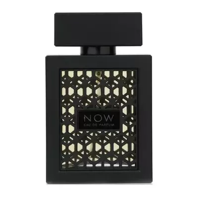 Frasco preto de perfume NOW Eau De Parfum com padrão geométrico