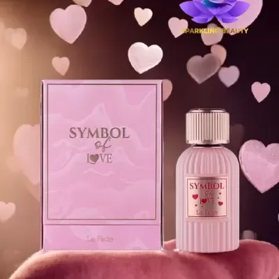 Perfume e caixa cor-de-rosa com texto 'SYMBOL of LOVE La Fede' e corações vermelhos