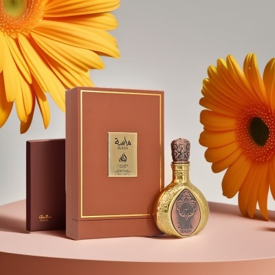 Frasco dourado decorativo com caixa castanha e flores amarelas ao fundo