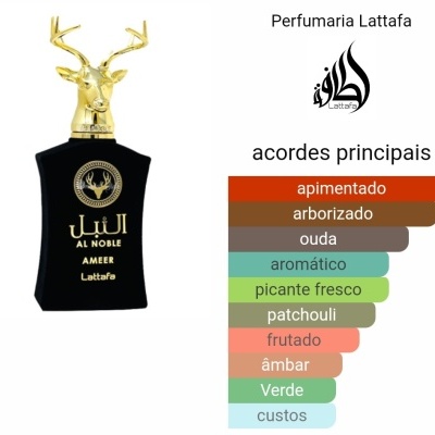 Frasco de perfume preto Al Noble Ameer com tampa dourada em forma de cabeça de veado, texto árabe e inglês, lista colorida de acordes principais.