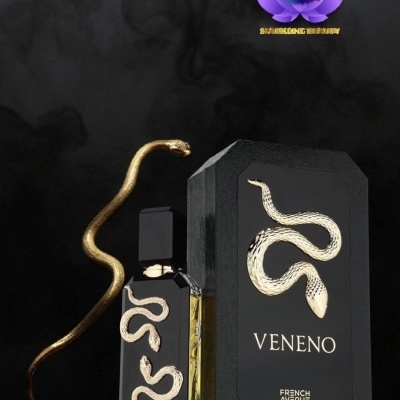 Frasco e embalagem pretos com estampa de cobra dourada e texto VENENO FRENCH AVENUE
