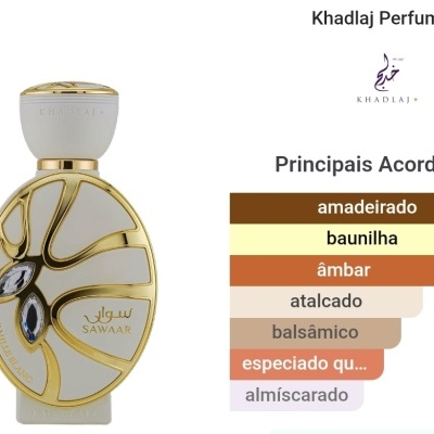 Frasco de perfume branco e dourado com pedras e texto com acordes principais