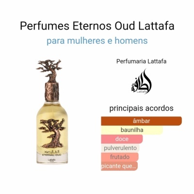 Frasco de perfume Eternal Oud Lattafa com tampa em forma de galho e texto promocional em português