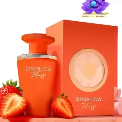 Perfume laranja SH'MALLOW Fluff com caixa e morangos ao lado
