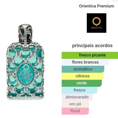 Frasco de perfume verde-azulado com detalhes prateados ornamentados
