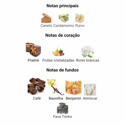 Notas olfativas de fragrância com imagens de ingredientes e texto em português.