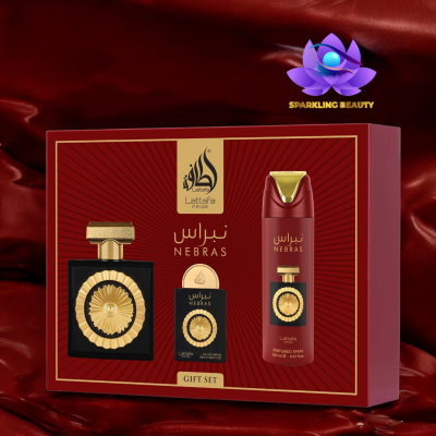 Conjunto presente Lattafa Pride Nebras com embalagem vermelha e dourada contendo frascos de perfume e spray perfumado.