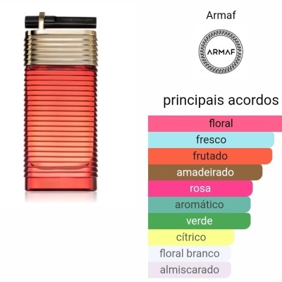 Frasco de perfume Armaf vermelho com tampa preta e gráfico de acordes principais em português