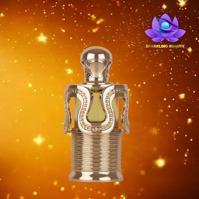 Frasco dourado de perfume decorativo com fundo alaranjado brilhante