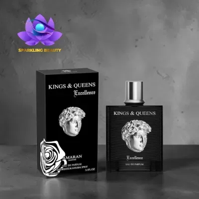Frasco e caixa de perfume KINGS & QUEENS Excellence em preto e prata.