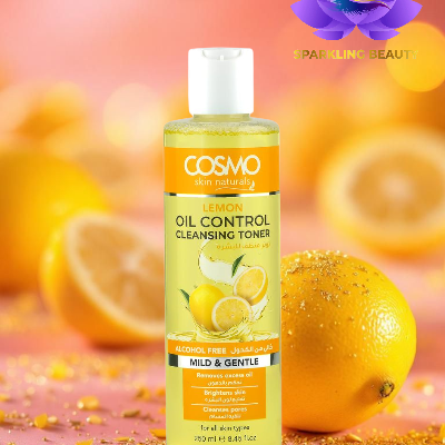 Frasco de toner de limpeza com limão e rótulo amarelo