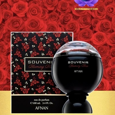 Perfume Souvenir Blooming Bliss com caixa decorada com rosas vermelhas