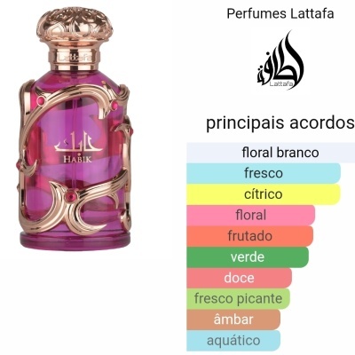 Frasco de perfume roxo com detalhes dourados da marca Lattafa e gráfico de acordos olfativos