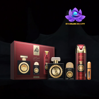 Conjunto de perfumes Nebras Lattafa com frascos e spray em caixa vermelha