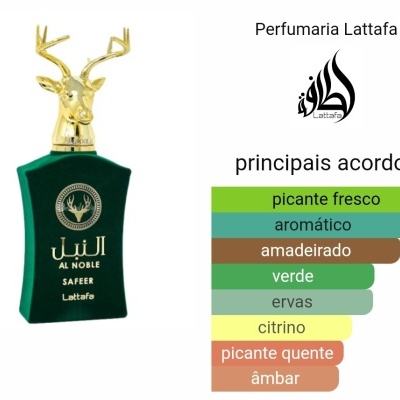 Frasco de perfume verde com tampa dourada de veado e texto em árabe e português
