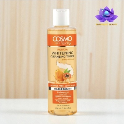 Frasco tónico de limpeza Cosmo Papaya com rótulo laranja e branco