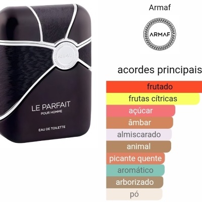 Perfume Armaf Le Parfait Pour Homme preto com detalhes prateados e gráfico de acordes