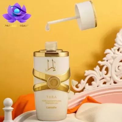 Frasco de sérum para cabelo YARA branco e dourado com conta-gotas