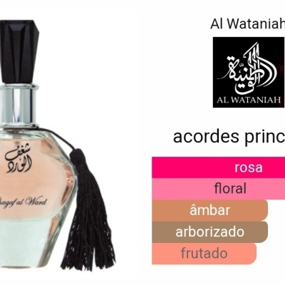 Frasco de perfume com líquido rosa, tampa preta e cordão negro, texto árabe e inglês, tabela de acordes principais colorida