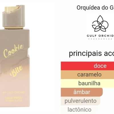 Frasco de perfume Cookie Bite da Gulf Orchid com descrição de notas olfativas