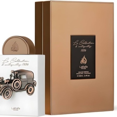 Frasco de perfume branco com tampa castanha e carro antigo em relevo, embalagem castanha dourada com etiqueta preta