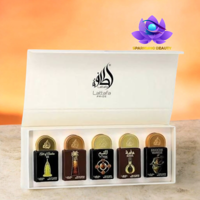 Conjunto de perfumes Lattafa Pride em caixa branca aberta