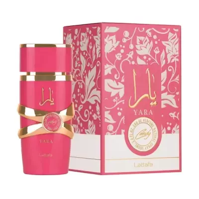 Frasco e embalagem do perfume Yara Lattafa rosa e dourado