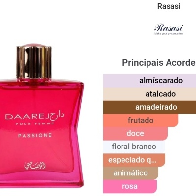 Frasco vermelho de perfume Daarej com tampa dourada e texto branco, fundo branco com gráficos coloridos