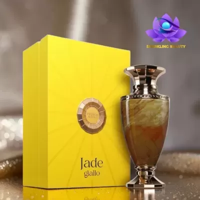 Frasco de perfume elegante junto a caixa amarela com texto Jade giallo