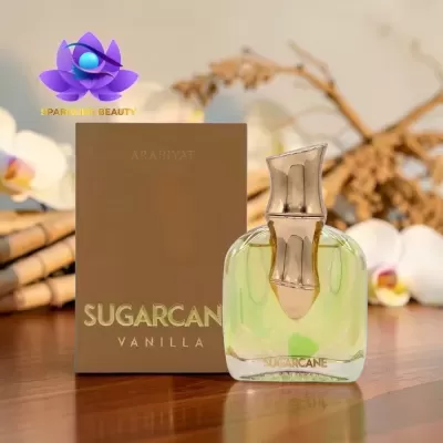Frasco de perfume Sugarcane Vanilla com caixa castanha e fundo floral