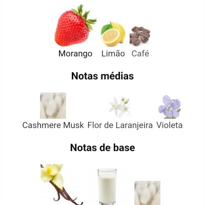 Notas olfativas de perfume com imagens de morango, limão, grãos de café, cashmere, flor de laranjeira, violeta, baunilha, leite e almíscar