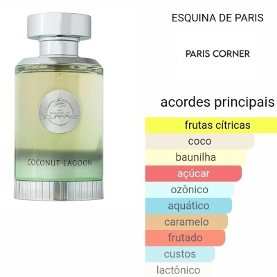 frasco de perfume transparente com líquido amarelo claro e texto de descrição ao lado
