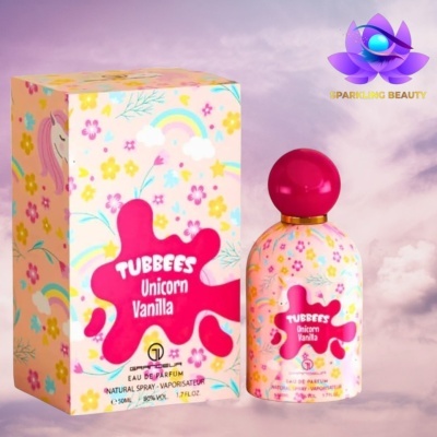 Frasco e caixa de perfume Tubbees Unicorn Vanilla com padrões florais e arco-íris