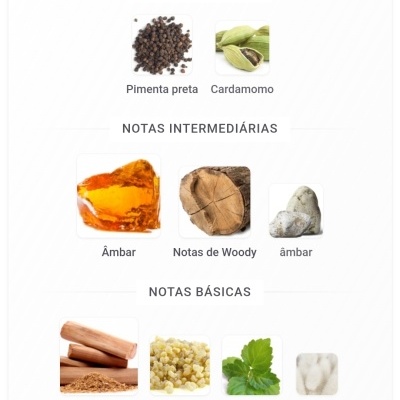 Notas de perfume com Pimenta preta, Cardamomo, Âmbar, Notas de Woody, Sândalo, Incenso, Patchouli e Almíscar