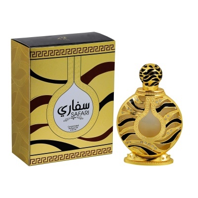 Frasco dourado de perfume Safari com padrão animal e embalagem correspondente